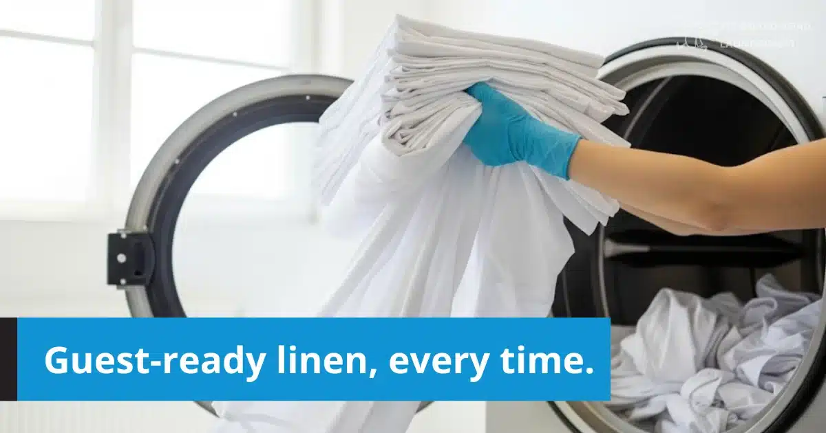 Fresh white linens being removed from a front-loading washer.
