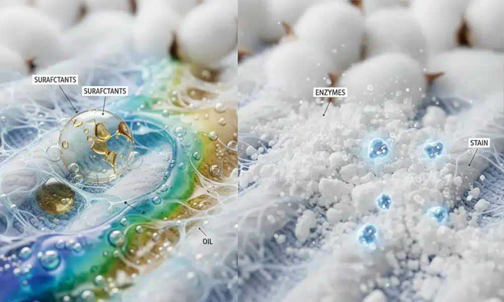 Split image showing how laundry detergent works: surfactants lift oil from fabric on the left, and enzymes break down a stain on the right.