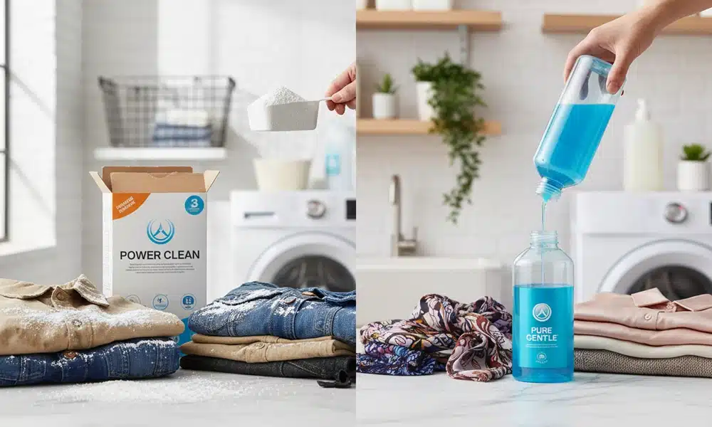 Split image comparing laundry detergents: powder detergent measured with a scoop beside folded clothes on the left, and liquid detergent poured into a bottle beside laundry on the right.
