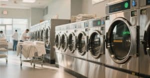 Busy laundromat with modern heat pump dryers and staff handling commercial laundry.
