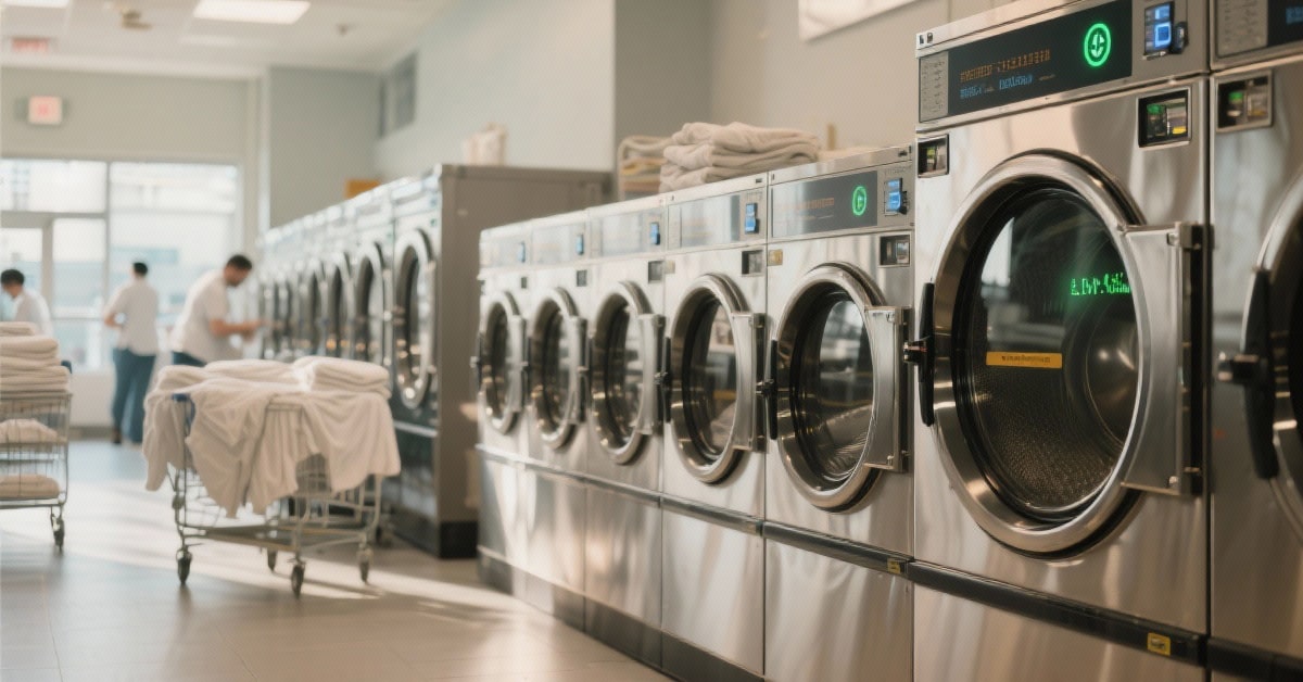 Busy laundromat with modern heat pump dryers and staff handling commercial laundry.