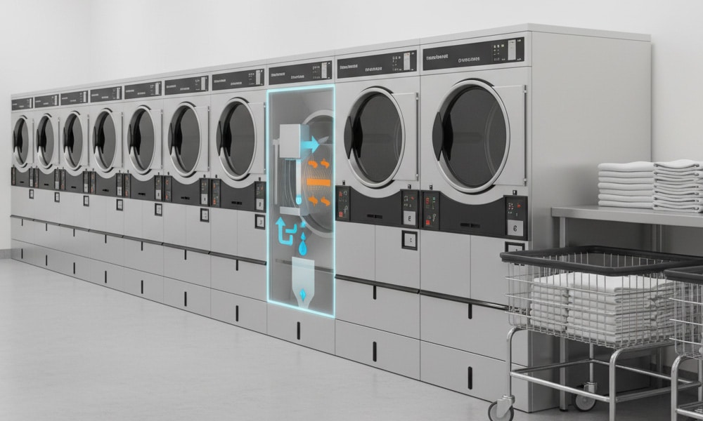 Row of commercial heat pump dryers showing efficient airflow system in a laundromat.