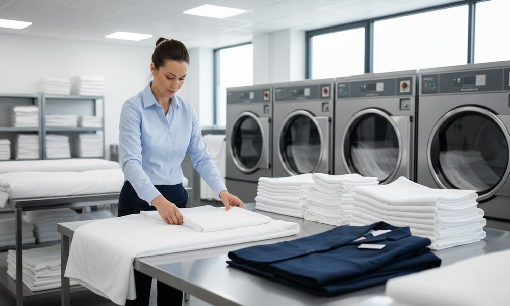 Staff member folding hotel linens beside commercial laundromat heat pump dryers.
