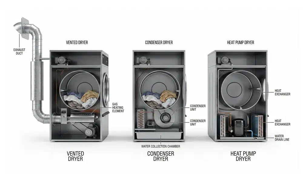 Clothes dryer nz comparison diagram showing vented, condenser and heat pump dryer types