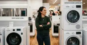 Shopper comparing a washer dryer combo with a separate washer and dryer set in an appliance store