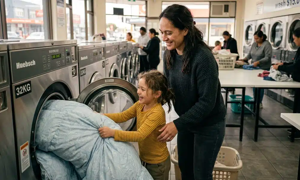 Mother and child loading a large duvet into a commercial washing machine at a laundromat