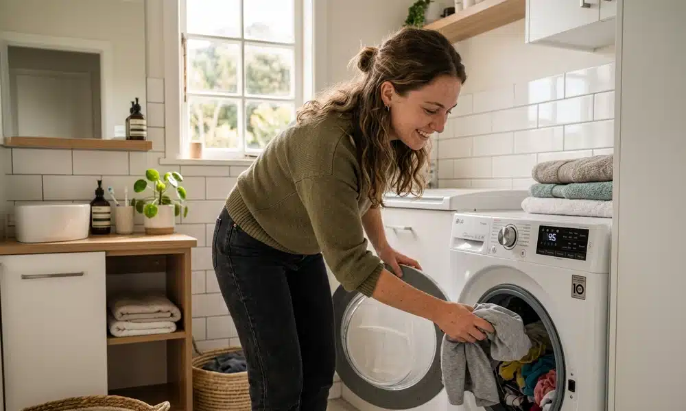 Woman loading clothes into a front-loading washer dryer in a compact home laundry